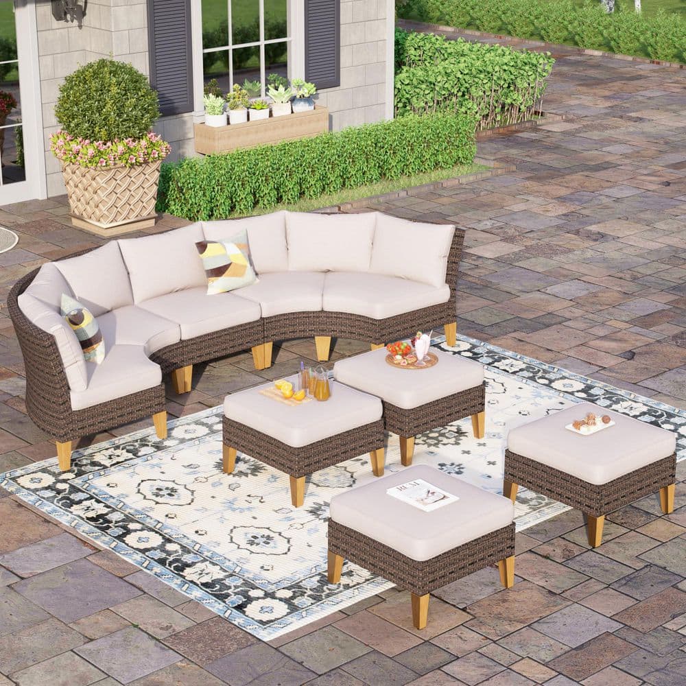 Brown Rattan Wicker 9 Seat 9-Piece Steel Patio Outdoor Sectional Set with Beige Cushions price history on PriceWatchPro