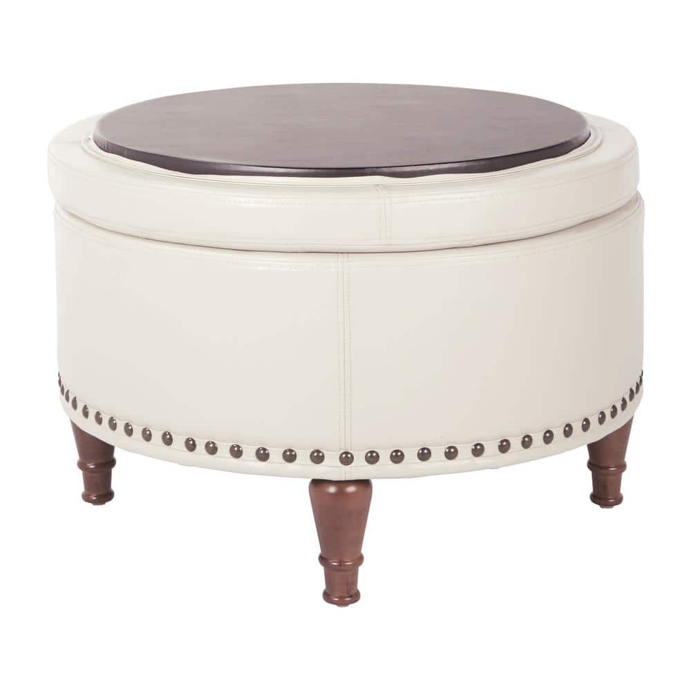 Alloway Cream Faux Leather Round Storage Ottoman with Antique Bronze Nailheads