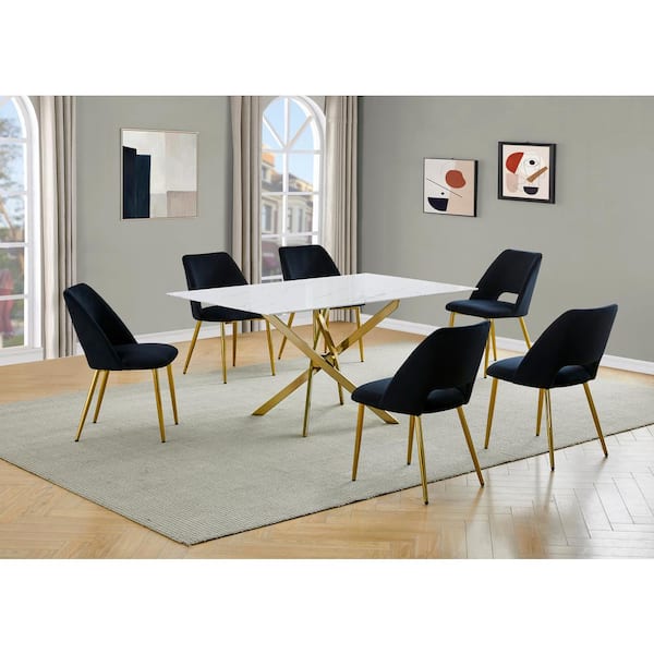 Best Quality Furniture Esteban 7-Piece White Marble Wrap Glass Top Cross Leg Gold Base Dining Set With 6-Black Velvet Fabric Chairs