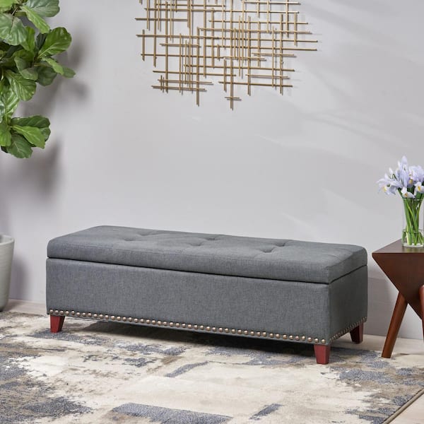 Crete Dark Gray and Dark Brown Studded Lift-Top Storage Ottoman