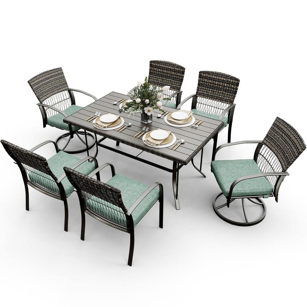 7-Piece Metal Patio Outdoor Dining Set with Slat Table and Rattan Armchairs with Green Cushion price history on PriceWatchPro