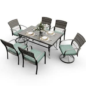 7-Piece Metal Patio Outdoor Dining Set with Slat Table and Rattan Armchairs with Green Cushion