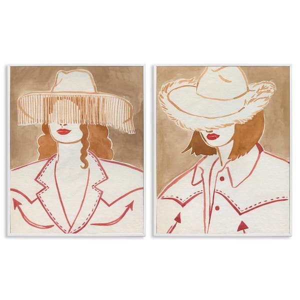 Stupell Industries Boho Cowgirls in Hats by Grace Popp 2 Pieces White Framed People Giclee Art Print 20 in. x 16 in.