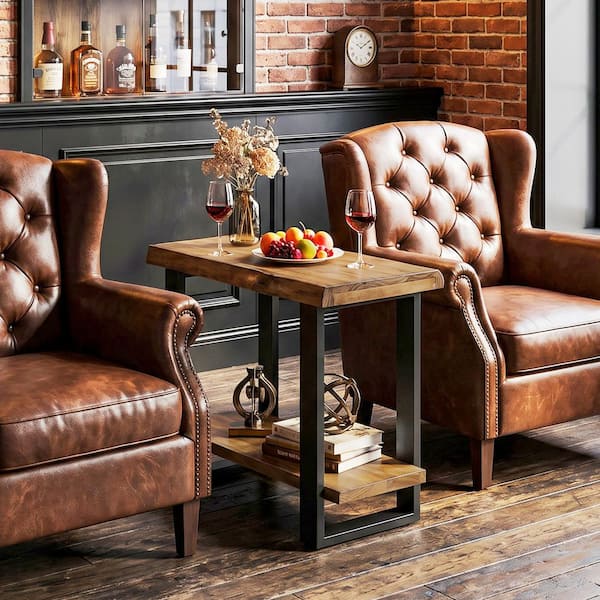 Kerlin 25.6 in. Natural Brown and Black Rectangle Solid Wood End Table Set of 2, 2-Tier Industrial Side Table Nightstand
