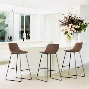 39 in. Dark Brown Faux Leather Bar Stools Metal Frame Counter Height Bar Stools (Set of 3)