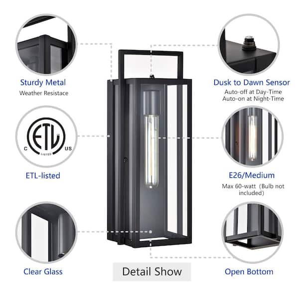 Edvivi 16 in. 1-Light Matte Black Dusk to Dawn Outdoor Hardwired