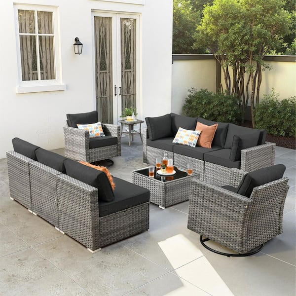 HOOOWOOO Messi Gray 10-Piece Wicker Outdoor Patio Conversation Sectional Sofa Set with Swivel Chairs and Black Cushions
