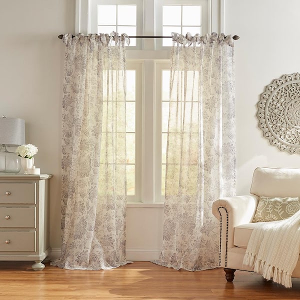 Elrene Westport Gray Floral Poly-Linen 52(in)X95(in) Tie Top Sheer Curtain Panel