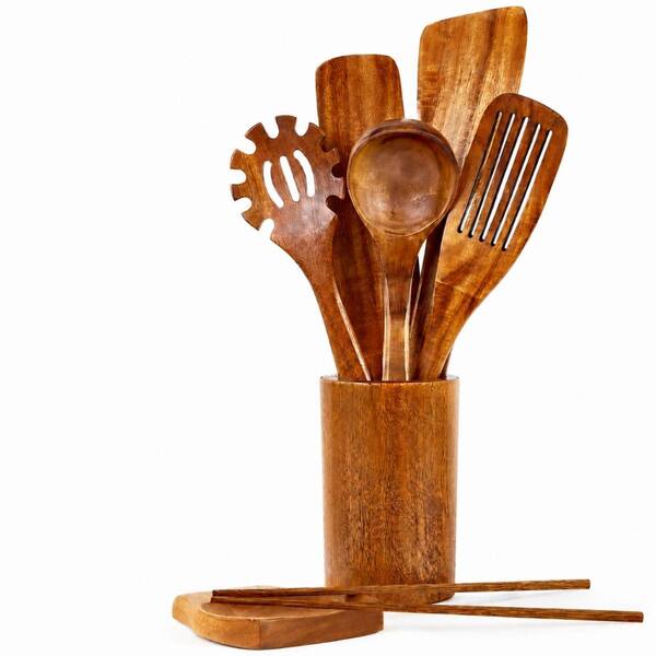 Acacia Wood Kitchen Utensil Set with 15.4-in Long Handles, Spatulas, Ladle, Pasta Spoon, Holder and Rest