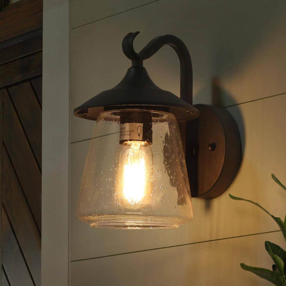 Modern Black Metal Outdoor Lantern Sconce with Seeded Glass