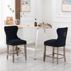 Harper 24 in. in Black Velvet Tufted Wingback Kitchen Counter Bar Stool with Solid Wood Frame in Antique Gray (Set of 2)