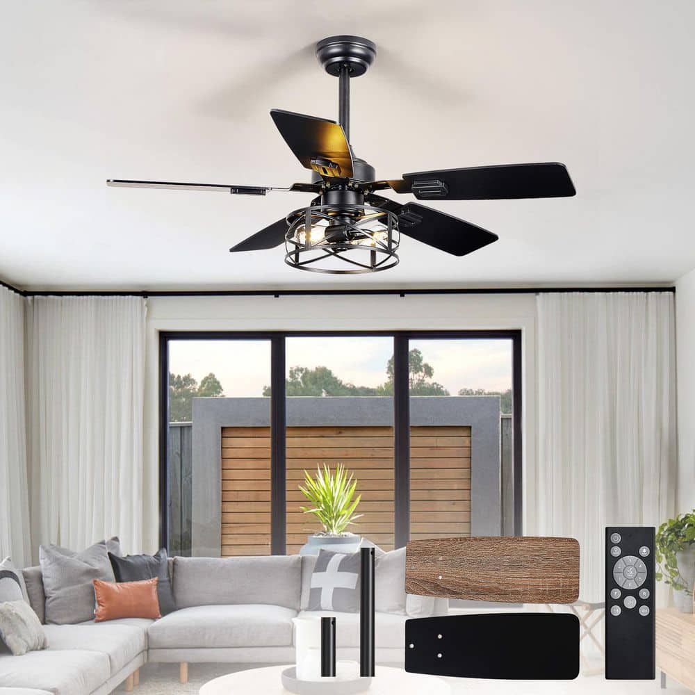 42 in. Brown Brush Walnut Black Downrod Mount Standard Ceiling Fan with Light Cage Fan Farmhouse Include APP Remo price history on PriceWatchPro