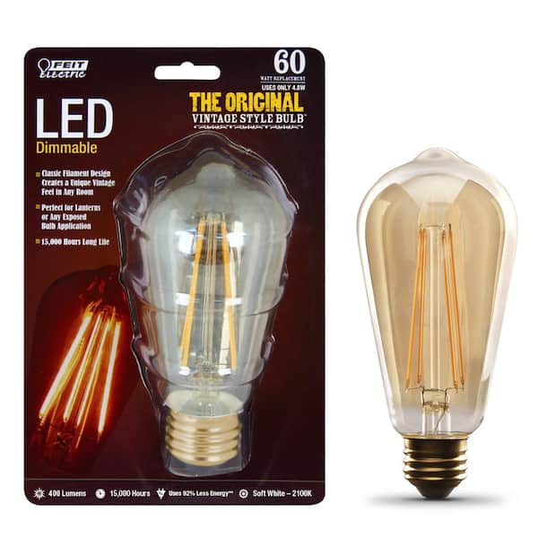 Feit Electric 60W Equivalent ST19 Dimmable LED Clear Glass Vintage Edison Light Bulb With Vertical Filament Soft White