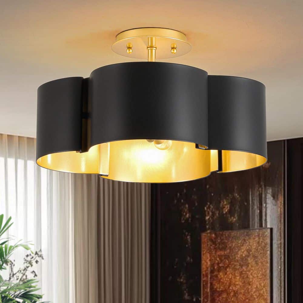 HUOKU Crucero 14.2 in. 4-Light Gloss Black Gold Flower Drum Semi