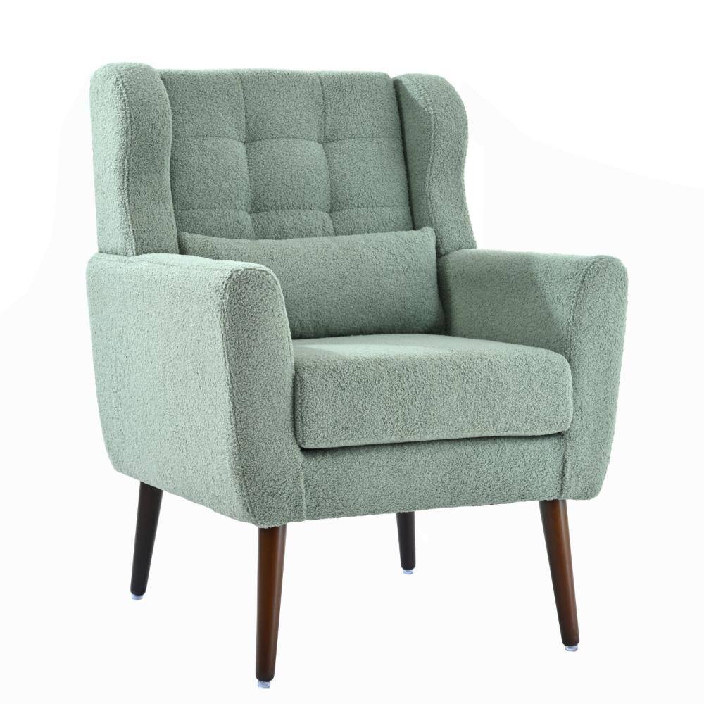 Three-quarter view of a light green chenille upholstered accent chair.