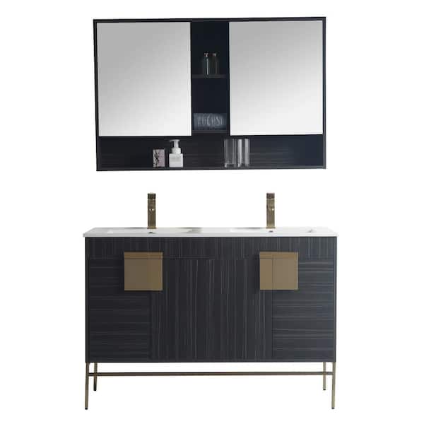 Unbranded Kuro 47 in. W x 18 in. D x 33 in. H Double Sink Bath Vanity in White with White Ceramic Top and Mirror