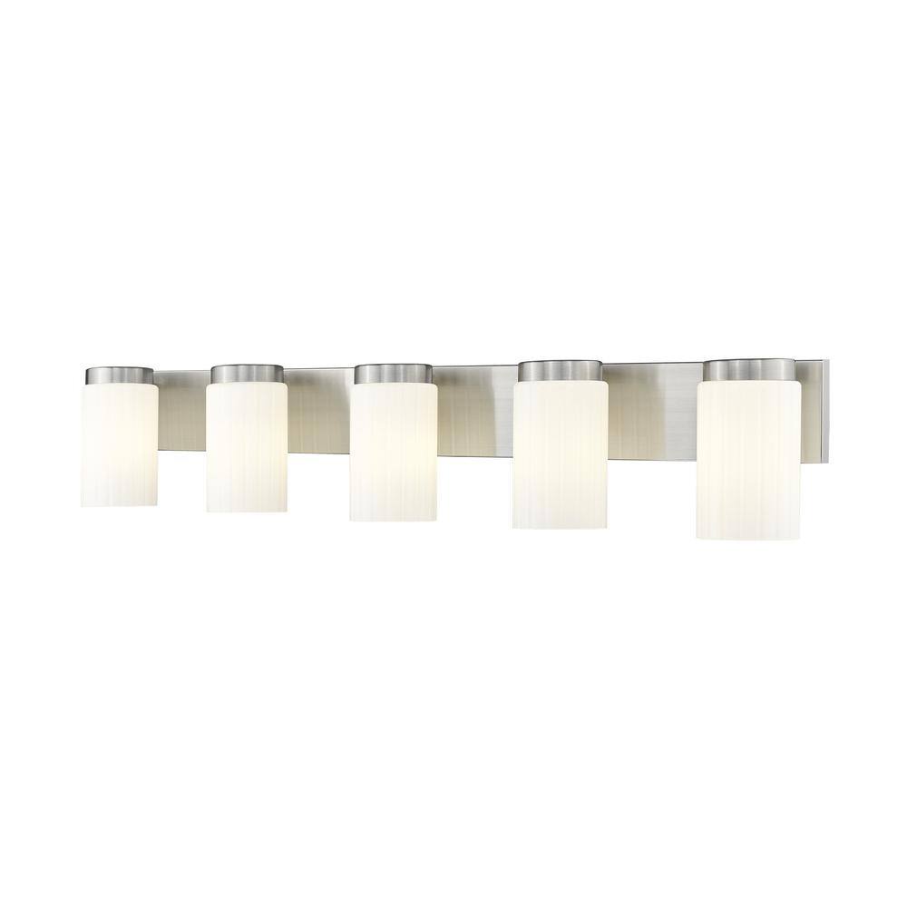 Burk 38 in. 5-Light Brushed Nickel Vanity-Light with Matte Opal Glass Shade