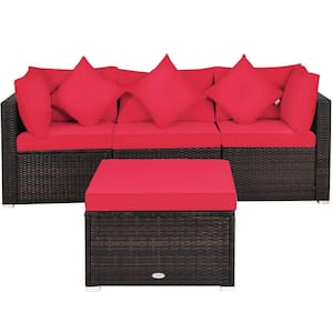 4-Piece PE Wicker Steel Outdoor Sofa Set Patio Conversation Set with Red Cushions
