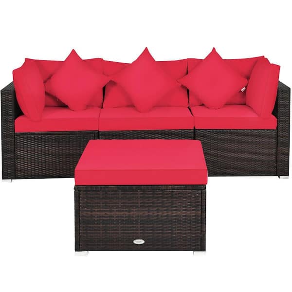 ANGELES HOME 4-Piece PE Wicker Steel Outdoor Sofa Set Patio Conversation Set with Red Cushions