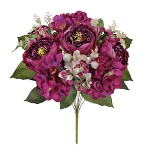 17 in. Plum Burgundy Artificial Mixed Peony Hydrangea Blossom Flower Stem Bush Bouquet (Set of 2)