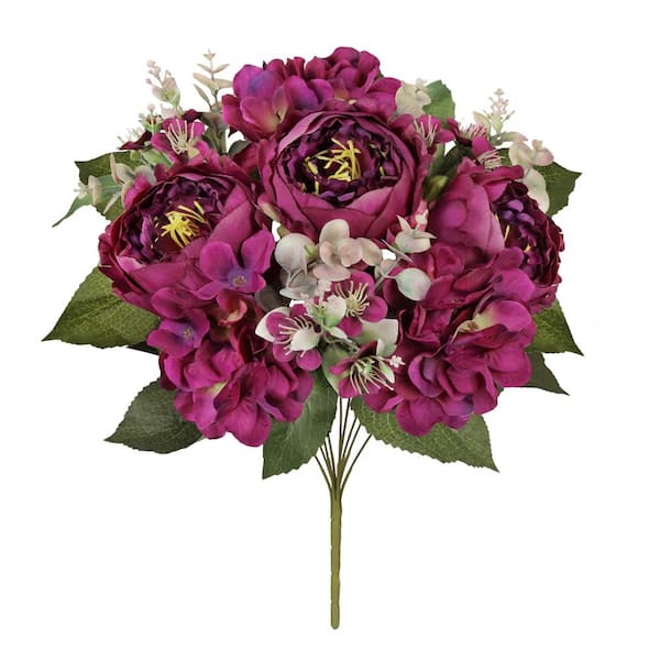 LIVING LUXURY 17 in. Plum Burgundy Artificial Mixed Peony Hydrangea Blossom Flower Stem Bush Bouquet (Set of 2)