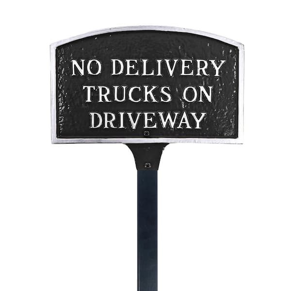 Montague Metal Products No Delivery Trucks on Driveway Small Arch Statement Plaque with 17.5 in. Lawn Stake-Black/Silver