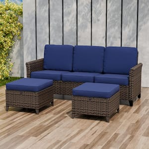 3-Piece Mix Brown Wicker Patio Conversation Set Wide Armrest 3-Seat Sofa Set with Blue Cushions, Ottomans