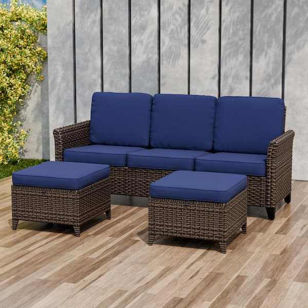 EAGLE PEAK 3-Piece Mix Brown Wicker Patio Conversation Set Wide Armrest 3-Seat Sofa Set with Blue Cushions, Ottomans