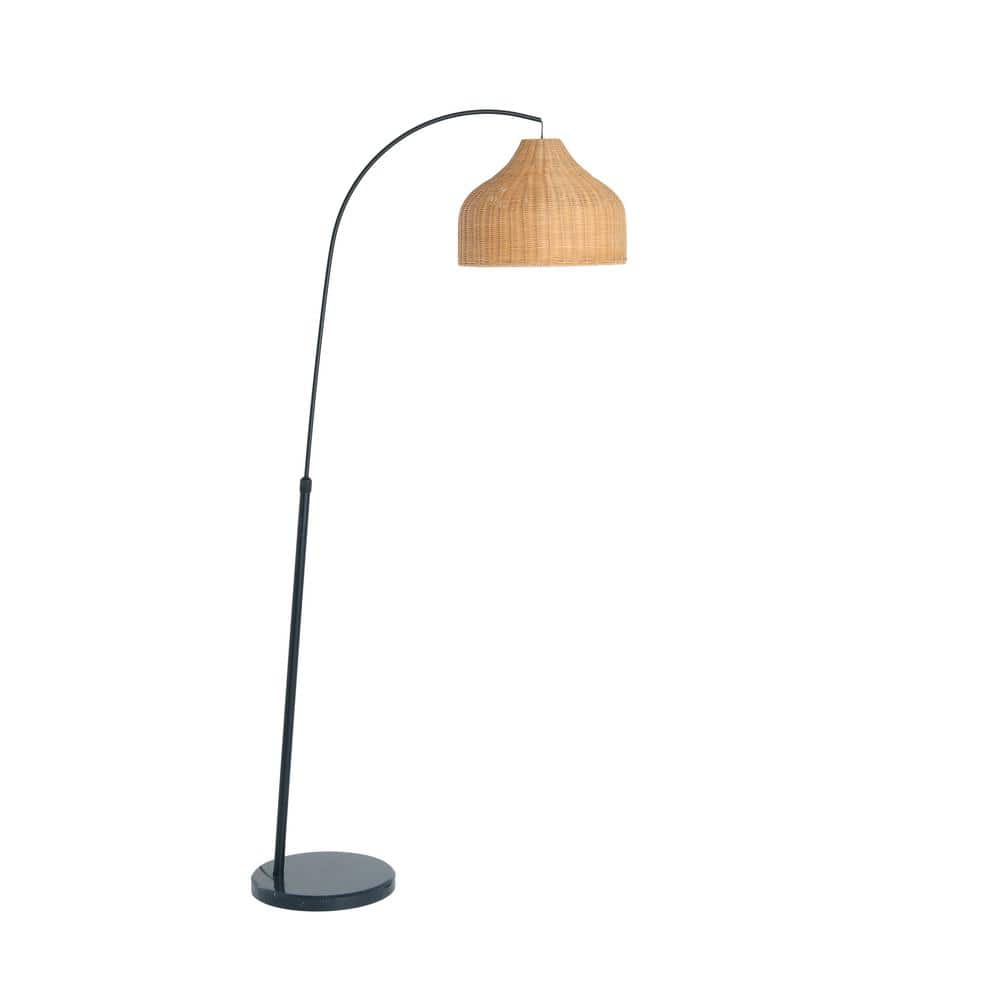 78 in. Black Arc Floor Lamp with Marble Base and Rattan Shade