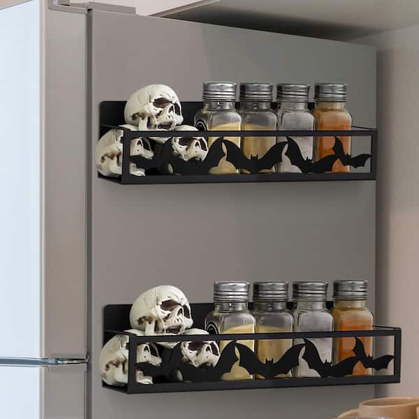 2-Piece Magnetic Spice Rack for Refrigerator, Black Bat, Halloween Gothic Kitchen Decor, 2 Sizes Metal Storage Shelf