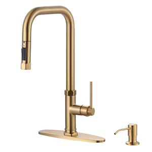 Brushed Gold Single Handle Pull Out Sprayer Kitchen Faucet Deckplate Included in Stainless