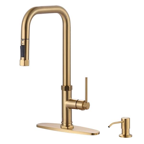 ARCORA Brushed Gold Single Handle Pull Out Sprayer Kitchen Faucet Deckplate Included in Stainless