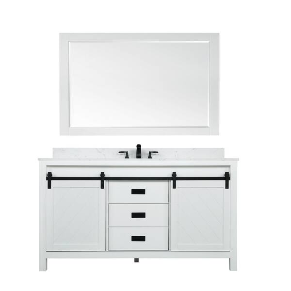 Altair Kinsley 60 in. Single Bathroom Vanity in White with Composite Stone Vanity Top in Carrara with White Basin and Mirror