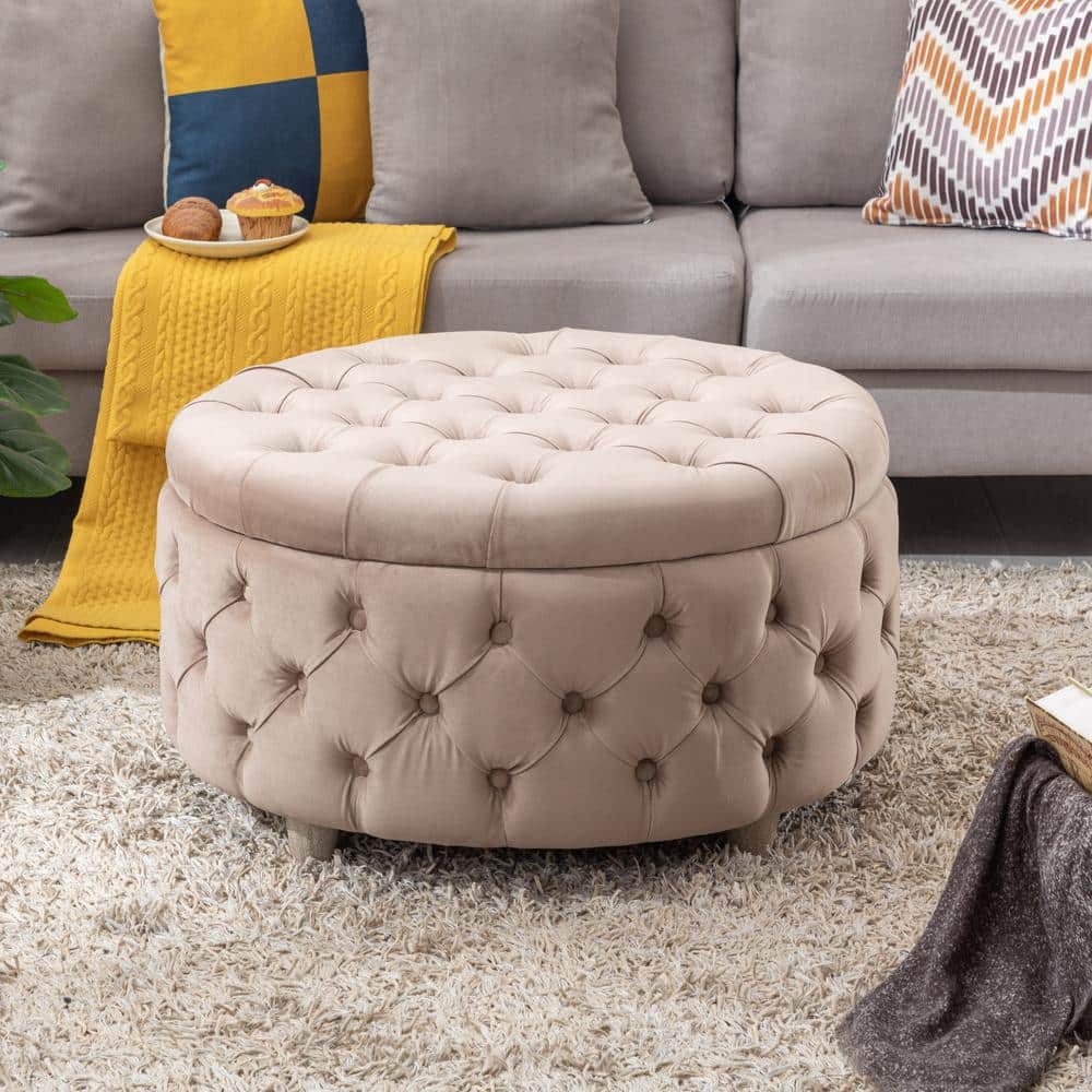 WESTIN OUTDOOR Highland 29.5 in. Taupe Wide Tufted Velvet Round Ottoman ...