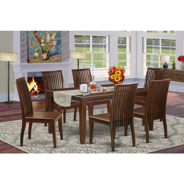East West Furniture 7-Piece Mahogany Finish Solid Wood Top Dining Table with 6 Chairs with Lattice Back