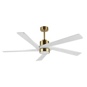 54 in. DC Indoor Ceiling Fan with Integrated LED Lights and Remote Control, 5 Reversible Carved Wood Blades, Brass