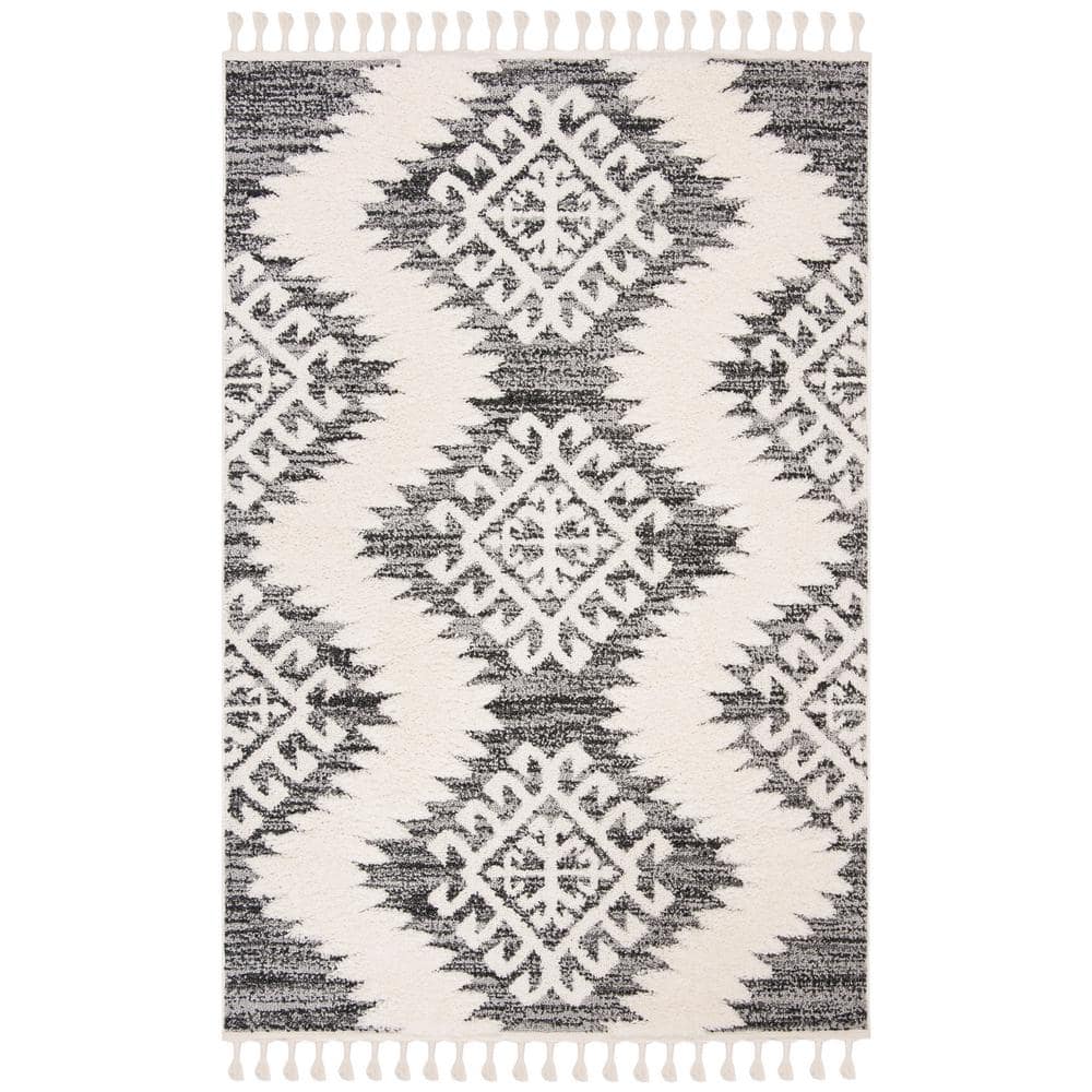 Ivory and Grey Diamond Shag Synthetic Area Rug