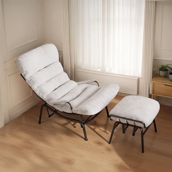 Allwex Oren White Cloud Velvet Modern Lazy Armchair Recliner Glider Rocking Chair with Ottoman Set for Living Room Bedroom