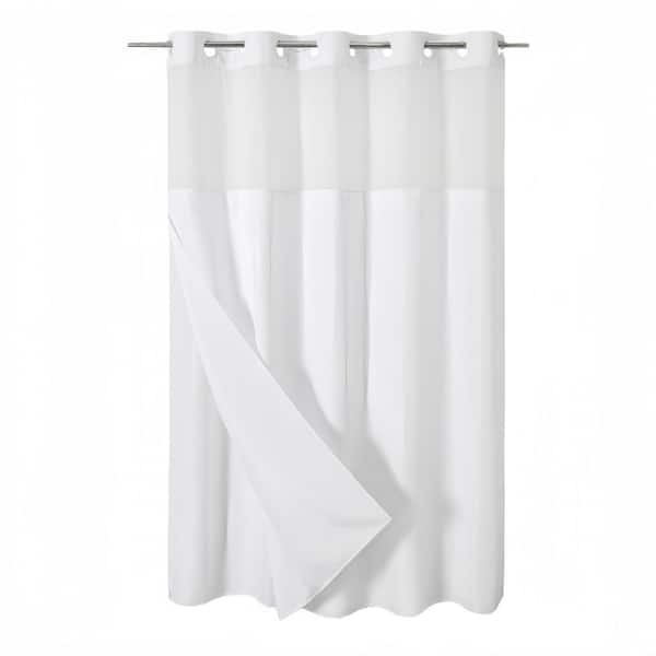 White Polyester 71 in. x 74 in. No Hooks Textured Decor Shower Curtains with See Through Top Window Waterproof Washable