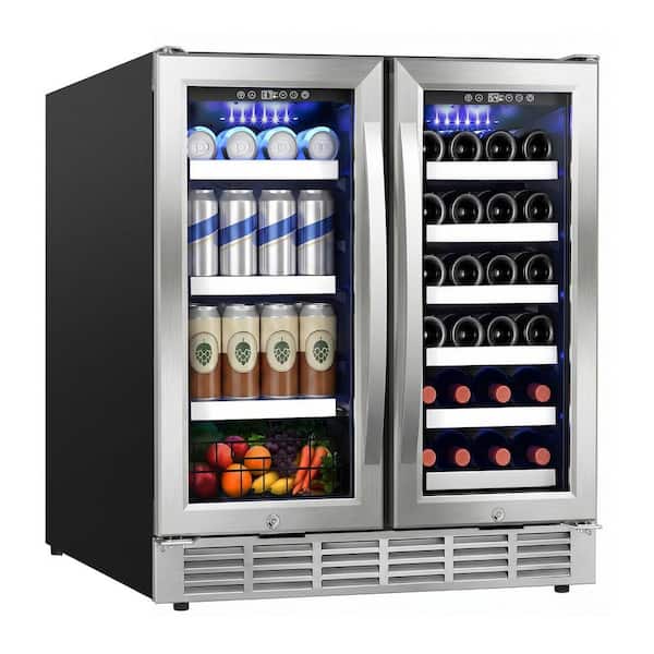 30 in. Dual Zone French Door 33 Bottle and 95 Can Wine and Beverage Cooler in Silver with Internal Blue LED Lighting