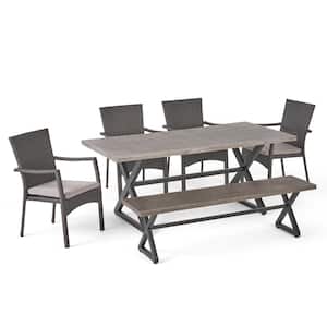 Grey 6-Piece Faux Rattan and Aluminum Rectangular Outdoor Dining Set with Grey Cushion