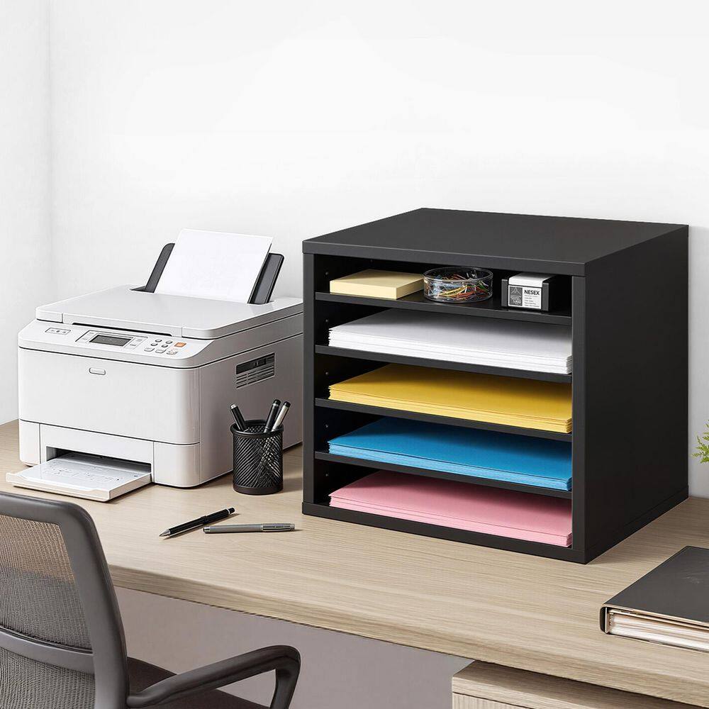 Black 12.01 in. x 12.99 in. MDF Desktop Office Literature Organizer with Adjustable Shelves