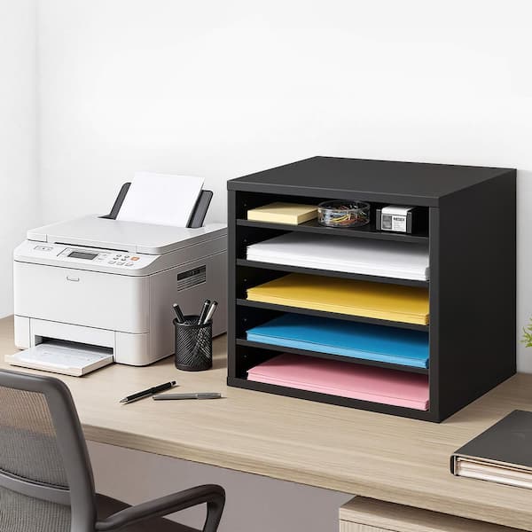 Black 12.01 in. x 12.99 in. MDF Desktop Office Literature Organizer with Adjustable Shelves