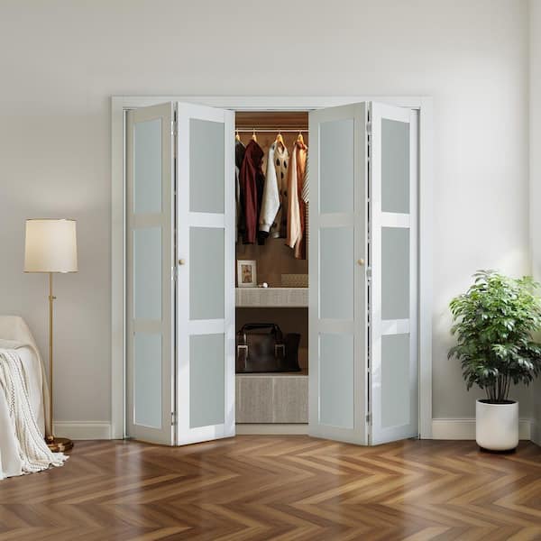 60 in. x 78.75 in. 3-Lite Frosted Glass Solid Core White Finished MDF Composite Bi-Fold Door with Hardware