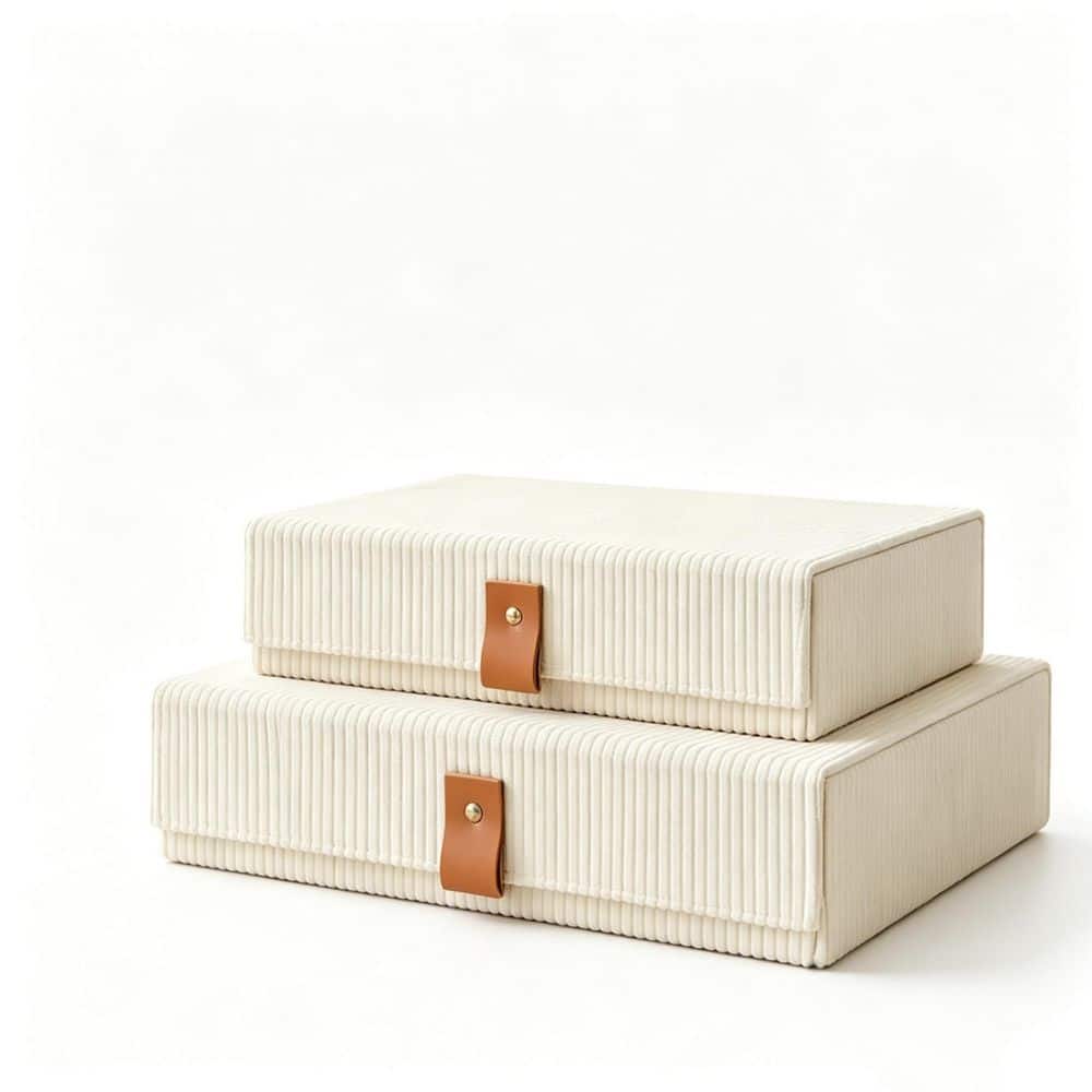 Beige 14.3 in. x 2.8 in. Polyester Decorative Storage Boxes with Lids, Decorative Box Set of 2 AV46QLH