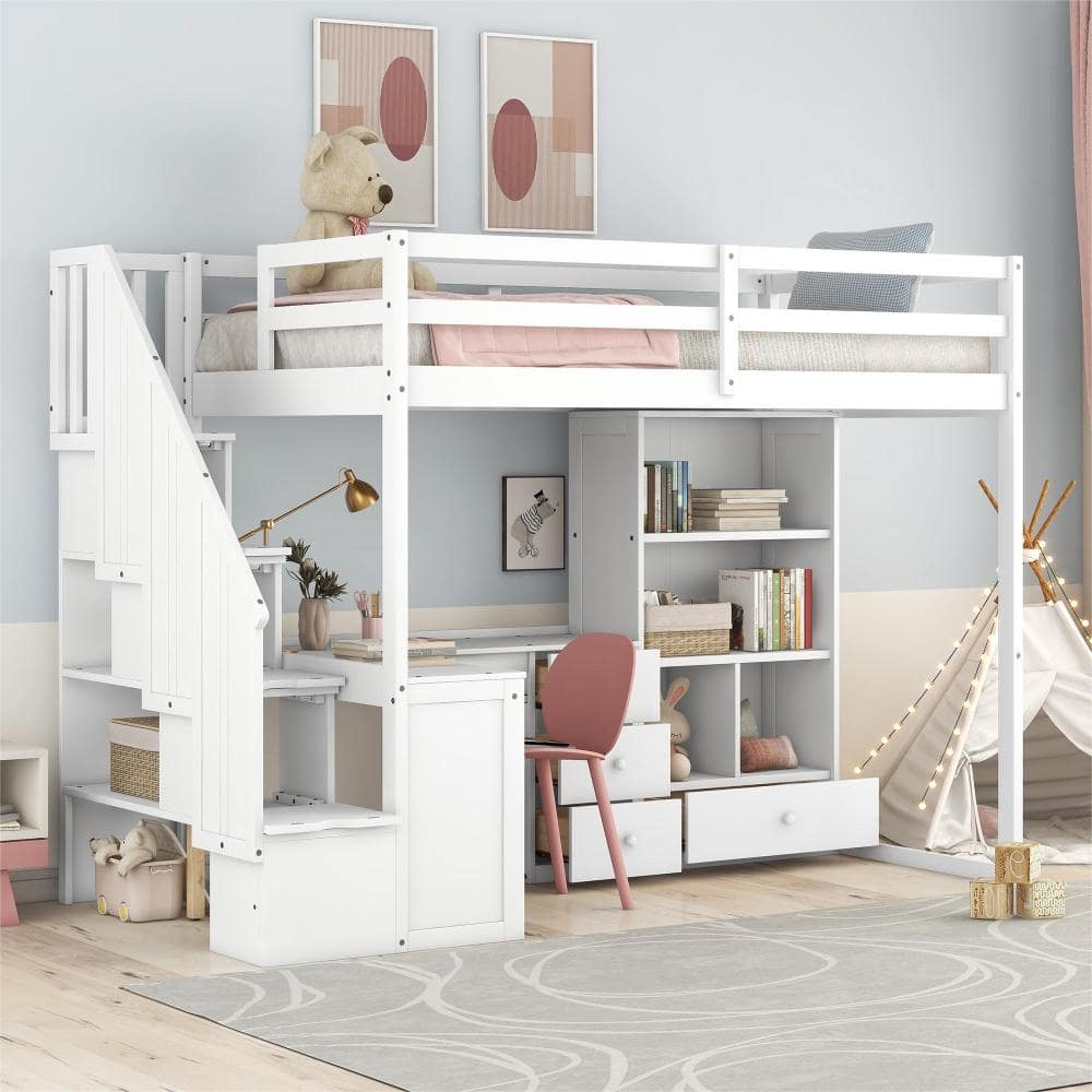 White Twin Wood Loft Bed with L-Shaped Desk,Drawers and Storage Staircase price history on PriceWatchPro