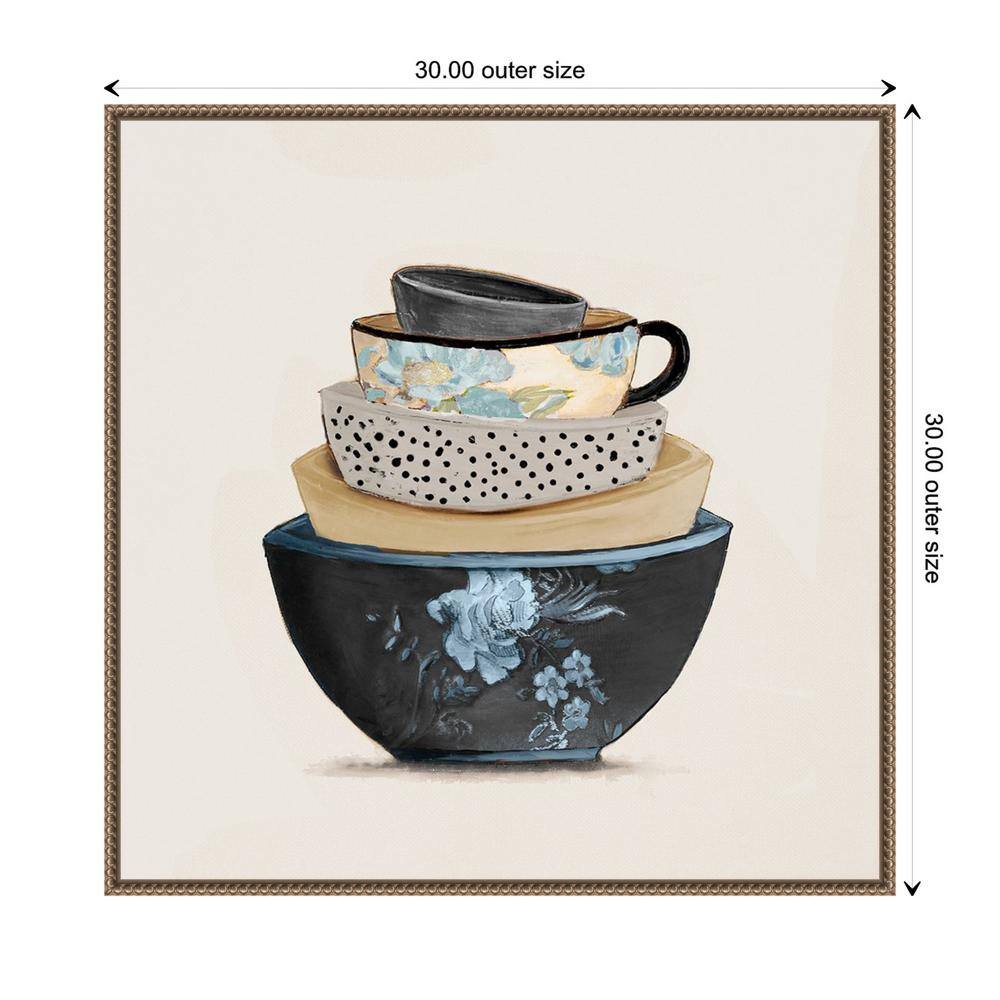 Stacked Blue and Beige Bowls Framed Canvas Wall Art