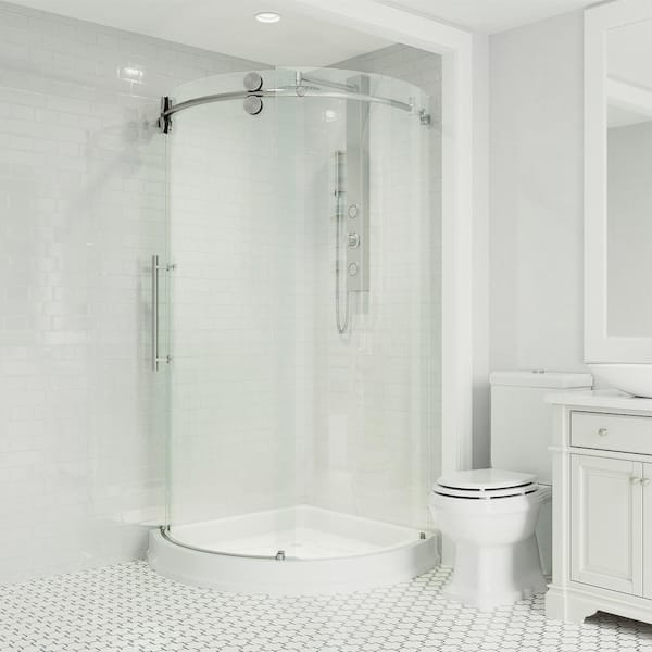 VIGO Sanibel 41 in. L x 41 in. W x 80 in. H Frameless Sliding Shower Enclosure Kit in Stainless Steel with Clear Glass