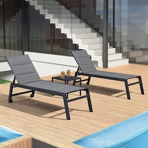 3-Pieces Aluminum Outdoor Chaise Lounge Patio Lounge Chair with Side Table and Wheels, Grey
