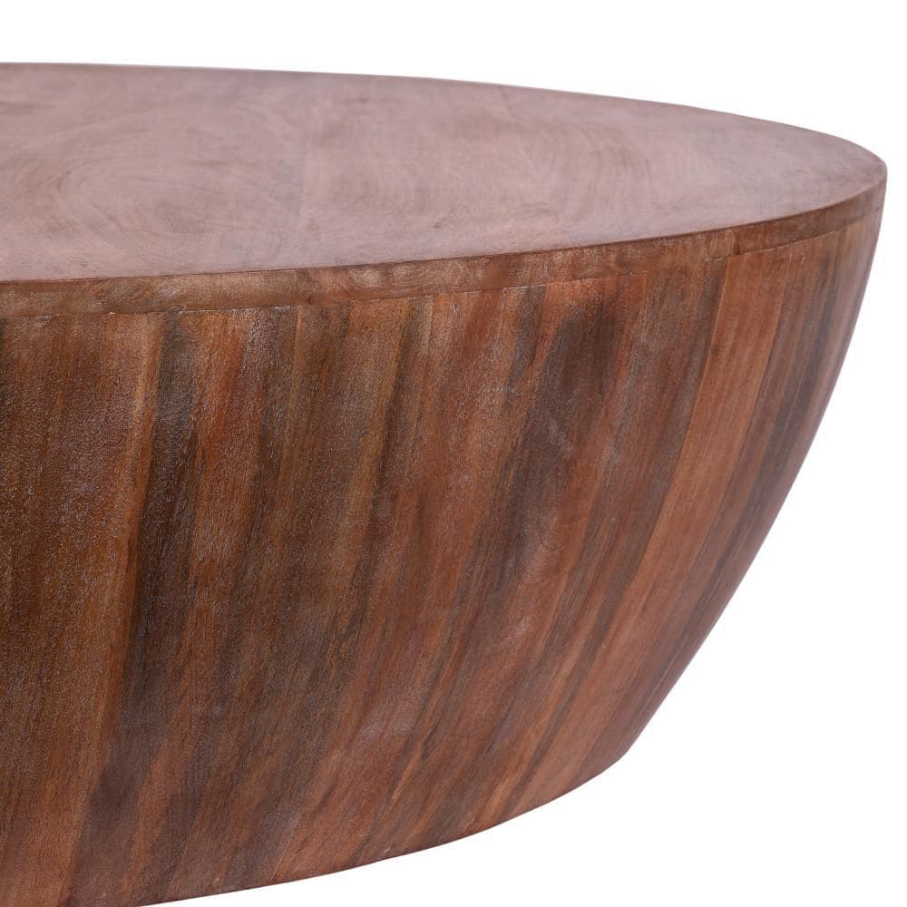 Rustic Drum-Shape Handcarved Mango Wood Coffee Table, Raw Brown